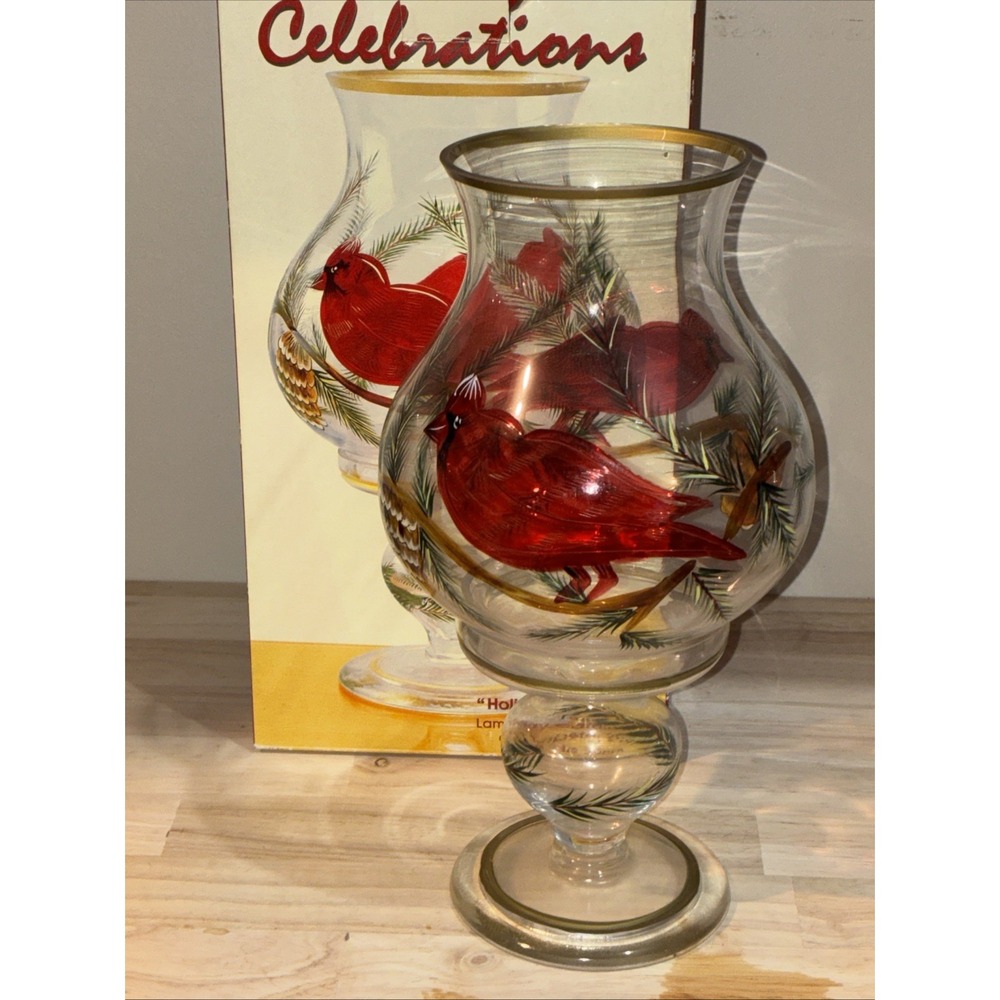 Celebrations‎ Holiday Cardinal 11.5"Hurricane Mouth Blown Etched Hand Paint